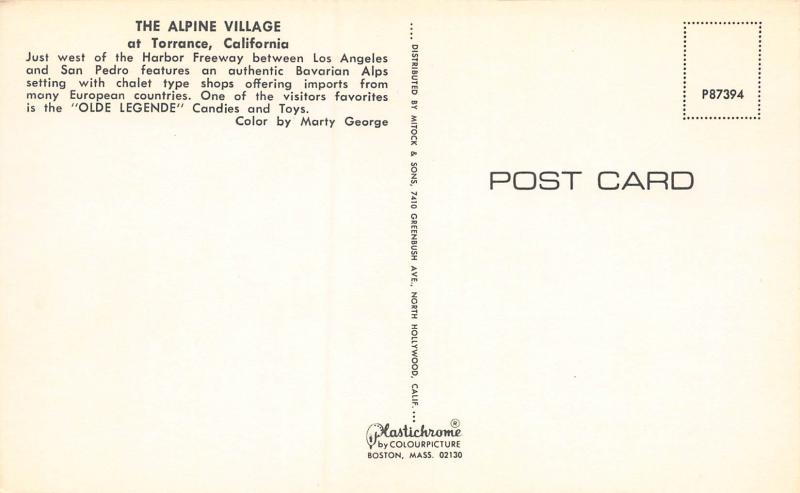 Alpine Village, Torrance, California, Plastichrome Postcard, Unused