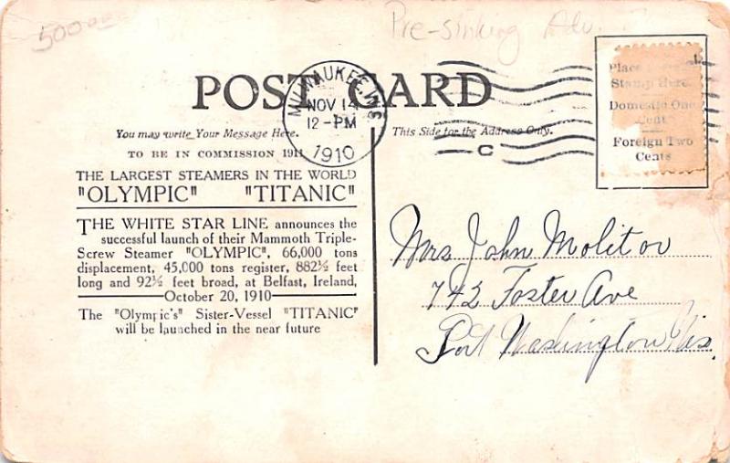 Titanic Ship Post Card Old Vintage Antique Olympic and Titianic Pre Sinking A...