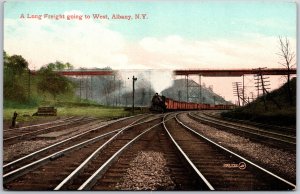 Albany New York NY, Long Freight Train to West, Locomotive, Vintage Postcard