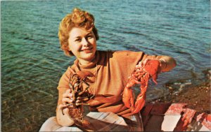 Young Woman with Lobsters New Brunswick NB Canada Unused Vintage Postcard H15