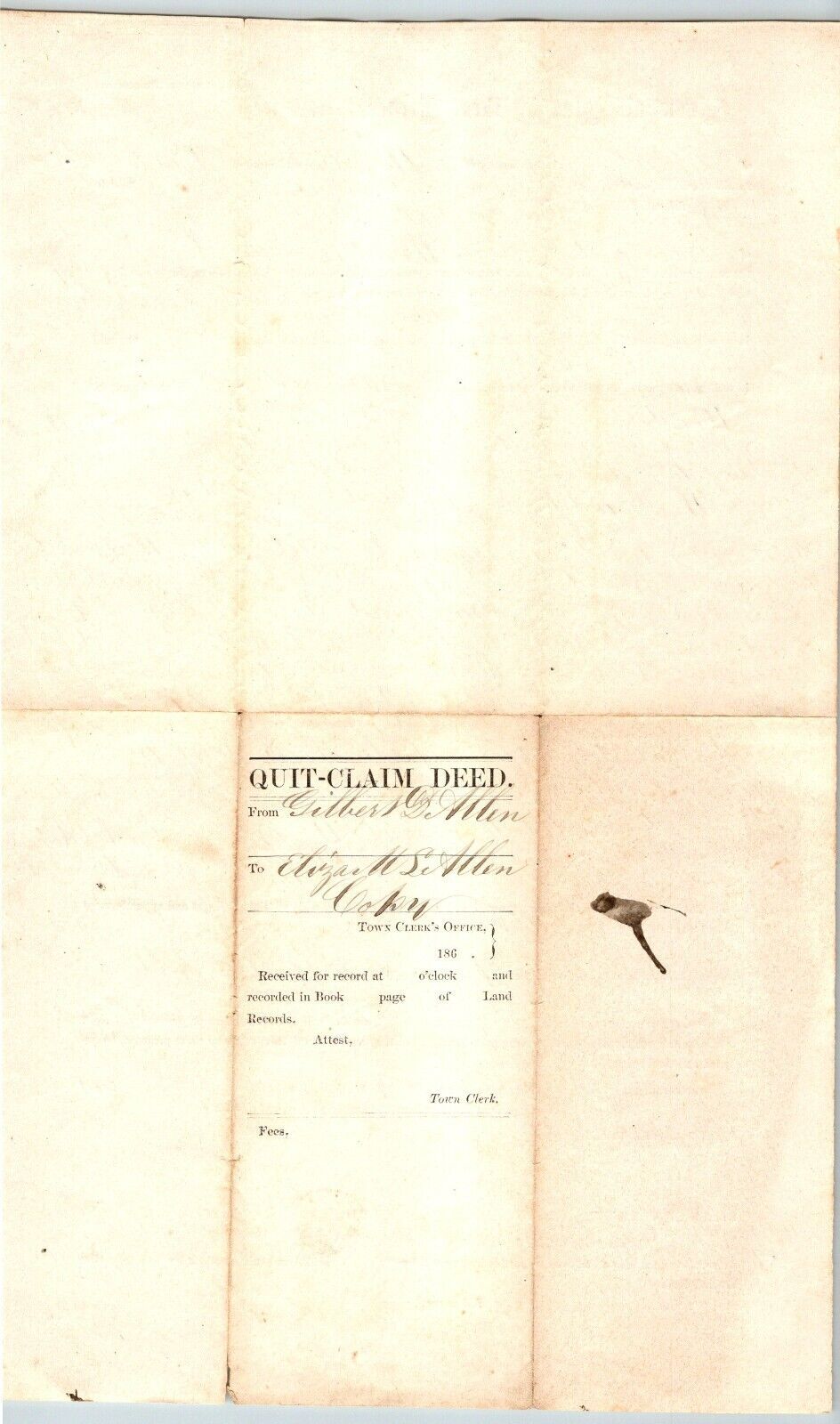1860 Pomfret Vermont Gilbert D. Allen Land Deed Receipt 14" x 8