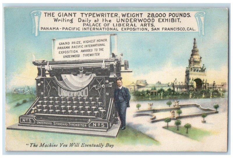 1910 Giant Typewriter Underwood Exhibit Palace San Francisco California Postcard