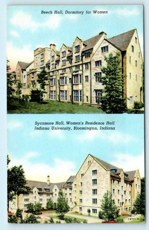 BLOOMINGTON, IN  Beech & Sycamore Halls INDIANA UNIVERSITY c1940s Linen Postcard