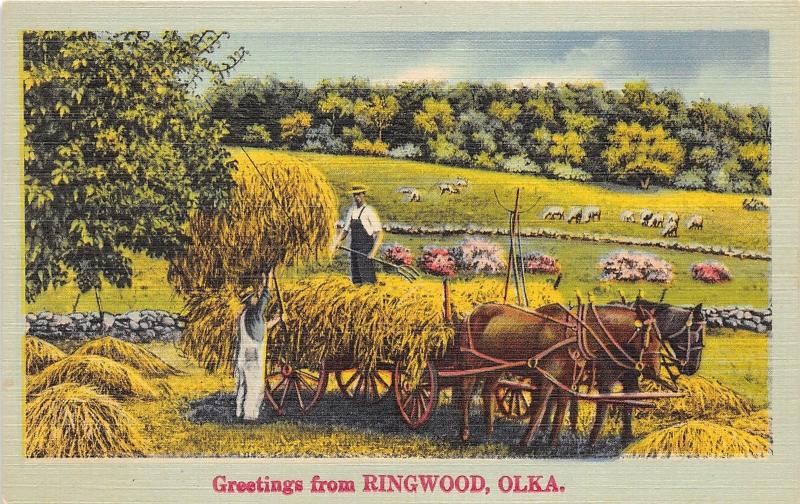 Ringwood Oklahoma~Farmers Loading Hay on Horse-Drawn Wagon~1940s Linen Postcard