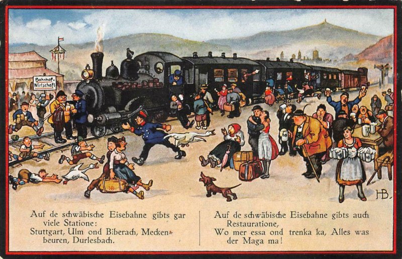 TRAIN DEPOT CHILDREN ANIMALS BEER MILITARY GERMANY Nr. 245 POSTCARD (c. 1910)