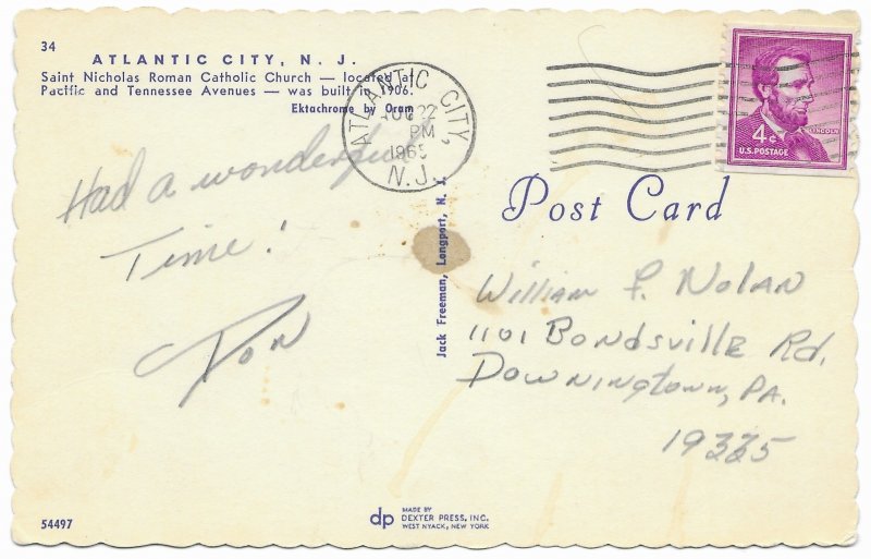 US Atlantic City, New Jersey.  Catholic Church. Stamped and mailed in 1965.