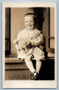 c1910's Smiling Little Boy With Sheep Stuffed Toy Studio RPPC Photo Postcard
