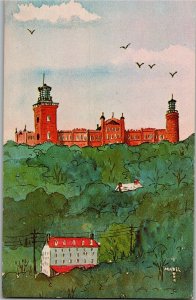 Twin Lighthouses, Highlands, NJ, Artist Mabel Burr Vintage Postcard E76