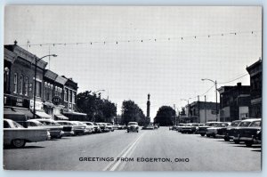 Edgerton Ohio Postcard Greetings Classic Cars Road Street Exterior c1940 Vintage