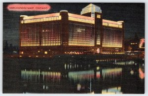 1940's MERCHANDISE MART AT NIGHT CHICAGO ILLINOIS VINTAGE LINEN POSTCARD