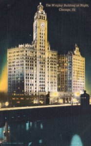 Chicago Illinois, 1958 The Wrigley Building at Night Structure Vintage Postcard