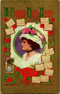 Vtg Postcard 1910 A Happy New Year Artist Signed Edwardian Woman Calendars UNP