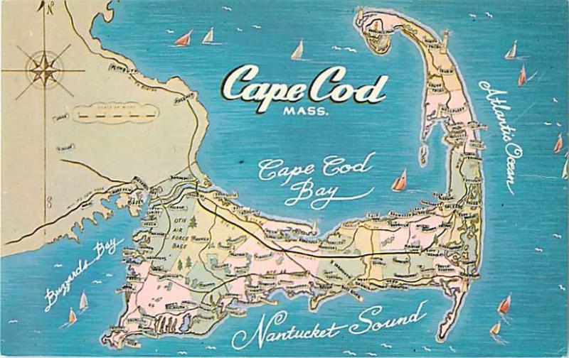 Cape Cod Massachusetts MA Map Chrome Postcard