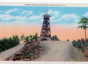 VTG 1930s Tower On Mount Coolidge Black Hills  South Dakota SD Linen Postcard