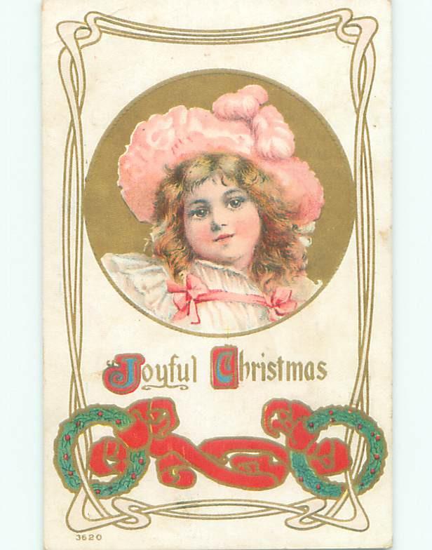 Pre-Linen christmas CUTE GIRL WITH FRILLY PINK HAT J1565