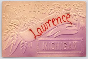 Lawrence Michigan~Embossed & Airbrushed Muted Raspberry Greetings c1909 Postcard