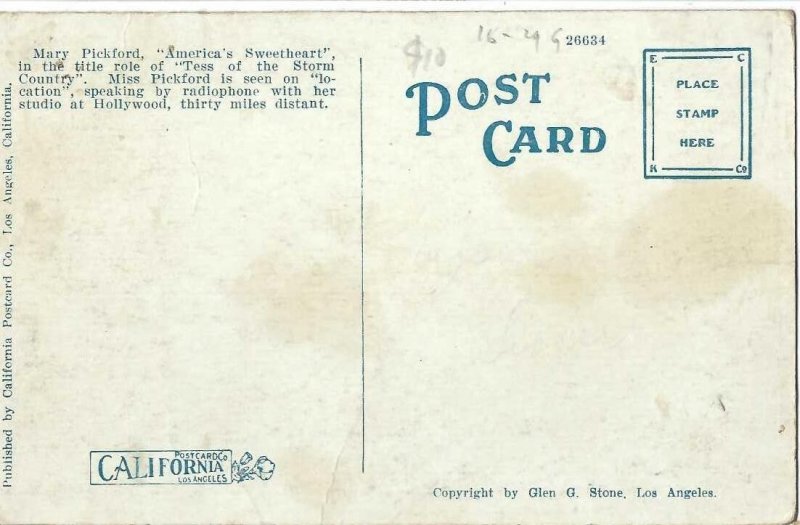 Vintage Postcard. Mary Pickford Pickford-Fairbanks Studios Hollywood California.