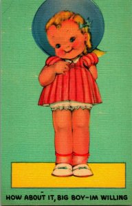 Comic Adorable Child Little Girl How About it Big Boy? Linen Postcard UNP Unused