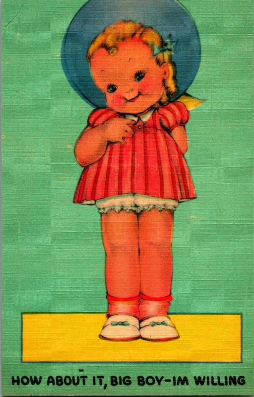 Comic Adorable Child Little Girl How About it Big Boy? Linen Postcard UNP Unused