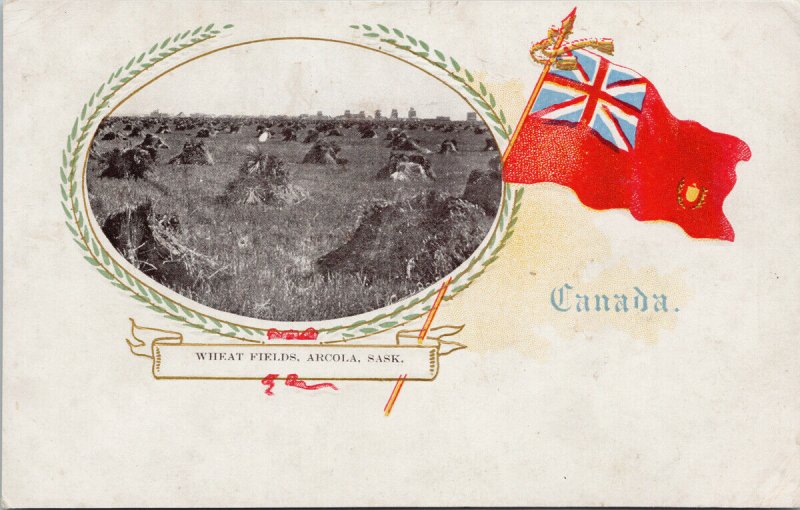 Arcola Saskatchewan Wheat Fields Patriotic Flag Canada Farming c1906 Postcard G4