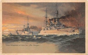 GERMANY SHIPS KRIGS FLEET HIGH SEAS IN THE MORNING MILITARY POSTCARD (c.1905) PD