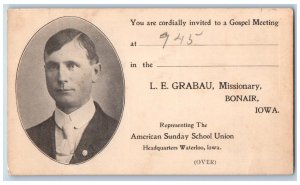 Bonair Iowa IA Postcard L E Grabau Missionary Gospel Meeting Missionary