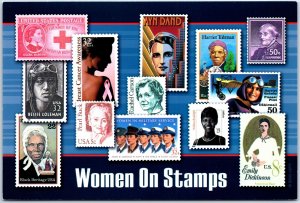 VINTAGE CONTINENTAL SIZE POSTCARD WOMEN ON POSTAGE STAMPS AS SOLD BY THE USPS