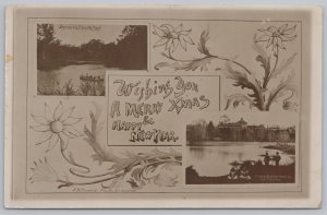 Holiday~Merry Christmas & Happy New Year~B&W Lake Photo Scenes~Vintage Postcard