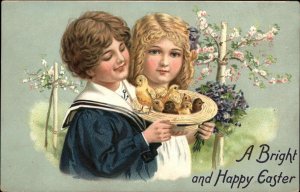 Tuck Easter Pretty Little Girl Cute Boy with Chicks in Hat c1910 Postcard
