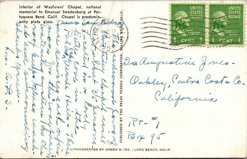 Vtg Portuguese Bend California CA Interior of Wayfarer's Chapel 1950s Postcard