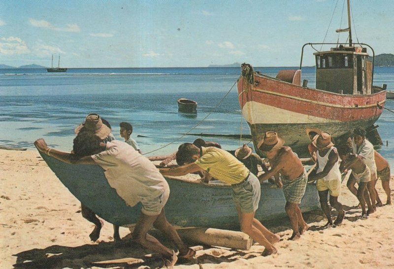Pushing A Fishing Boat Seychelles Pirogue Ship Rare Postcard