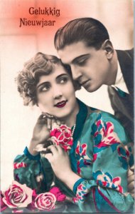 Postcard New Year Romance Couple colorized photo Dede Paris 1756 series