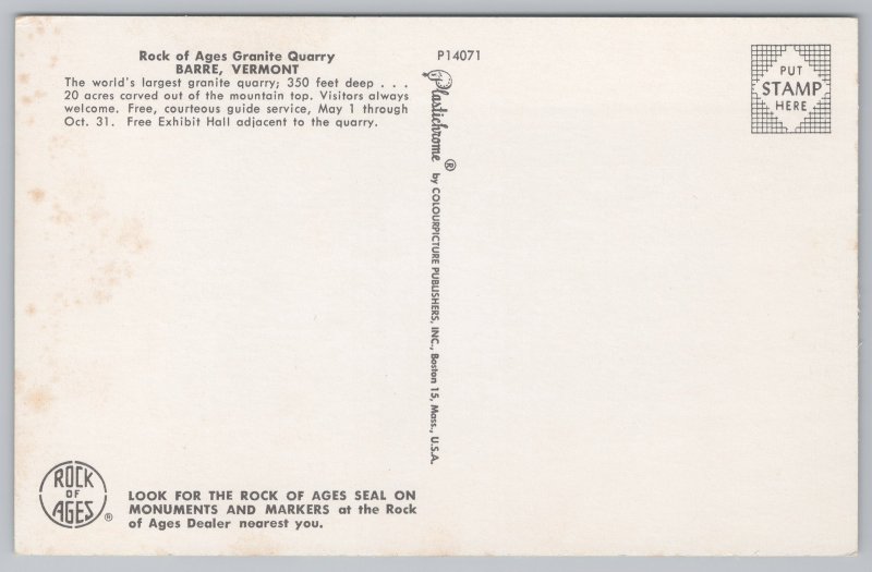 Colourpicture~Rock Of Ages Granite Quarry~Barre VT~Plastichrome~Vintage Postcard