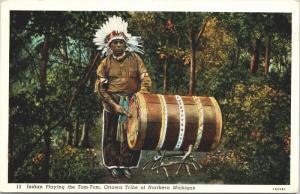 'Indian Playing Tom-Tom' Ottawa Tribe Northern Michigan MI c1939 Postcard D81