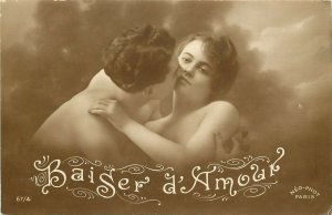 French RPPC Postcard Baiser d'Amour, Shirtless Man Kisses Topless Woman, 67/4