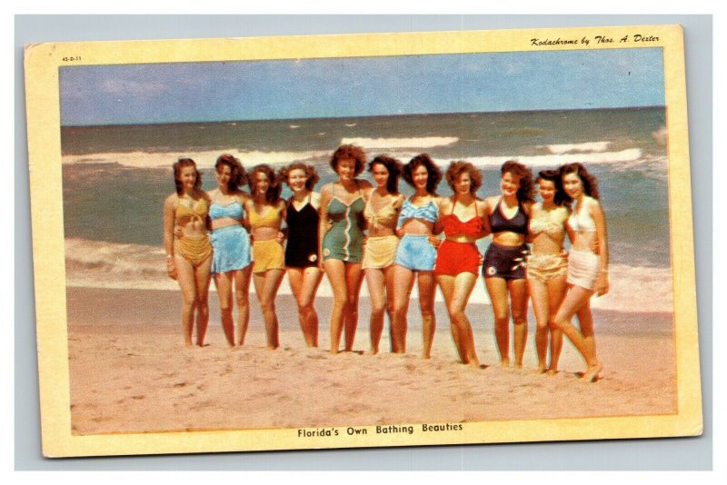 Vintage 1940's Postcard Beautiful Girls in Bikinis on the Beach in Miami Florida
