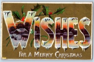 Christmas Postcard Wishes Mistletoe Holly Berries Winsch Back Embossed 1910