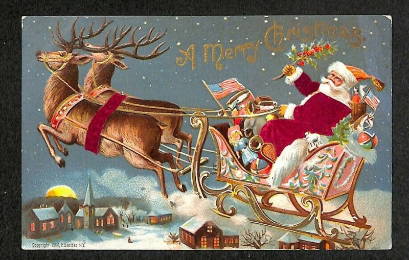 Christmas Santa Claus Red Cloth Suit Sleigh Reindeer Postcard