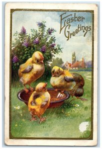 1911 Easter Greetings Baby Chicks Flowers Embossed Antigo Wisconsin WI Postcard