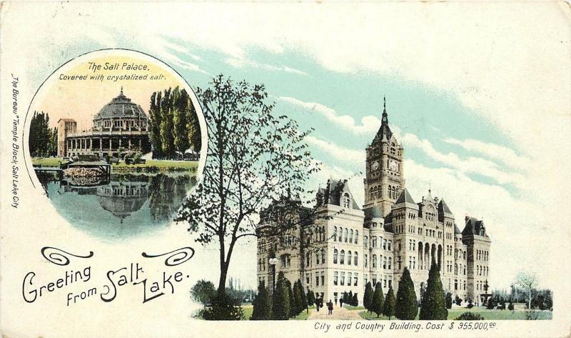 c1905 Postcard Greeting from Salt Lake City UT City/Country Bldg & Salt Palace