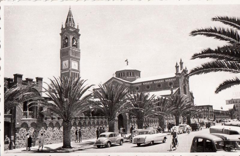 Ethiopia Asmara Africa Avenue Halle Sellassie church RPPC animated street cars