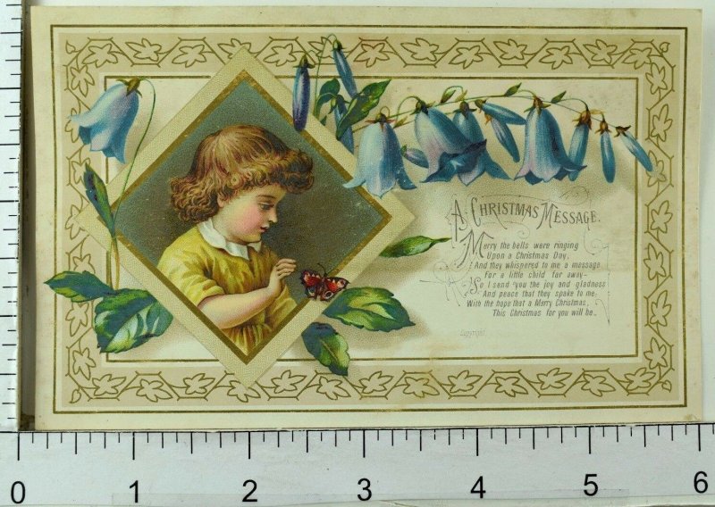 1870's-80's Lovely Girl Butterfly Flower Bells Christmas Poem Victorian Card *B 