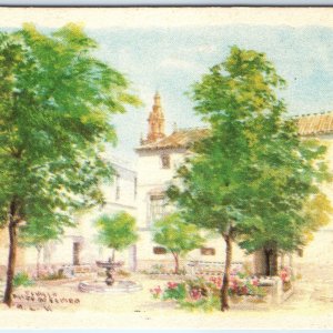 c1920s Sevilla, Spain Courtyard Plaza Fountain Church Tower Trees Flowers A359