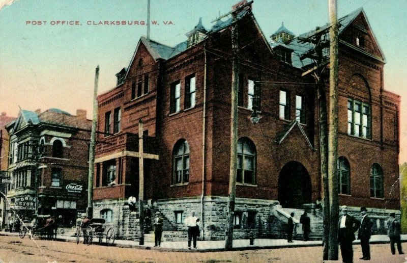c.1910s Post Office Clarksburg, WV Cola Cola Buggies Postcard F74