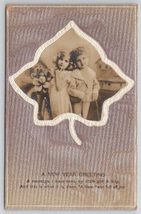 New Year RPPC Children With Flowers Silvertone Silka Series Postcard U27