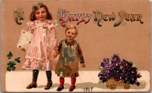 New Year PC Children Walking Envelope Wagon Purple Flowers Four Leaf Clovers