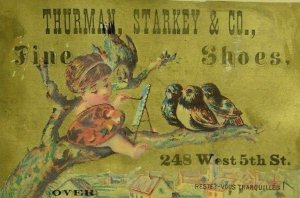 1880's Thurman Starkey & Co Fine Shoes Cherub Painting Cute Birds F59