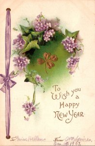 New Year With Purple Flowers and Gold Shamrock 1906