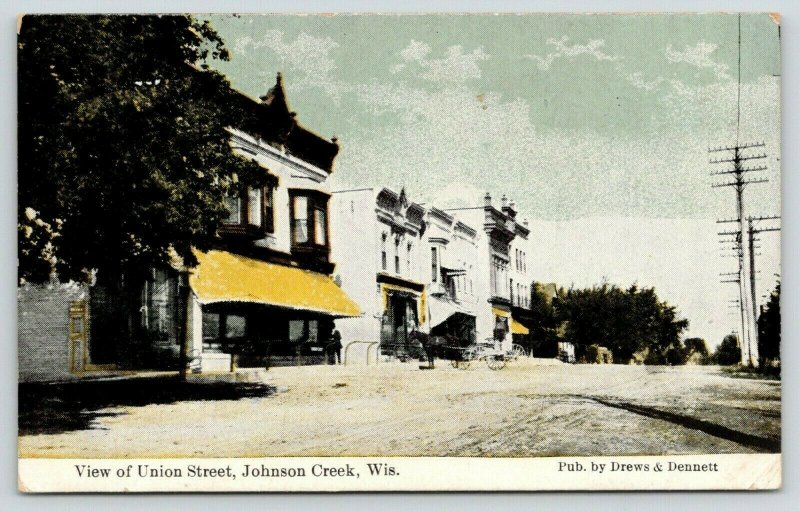 Johnson Creek Wisconsin~Union Street~Store Awnings~Bay Windows~Horse Buggy~1910 