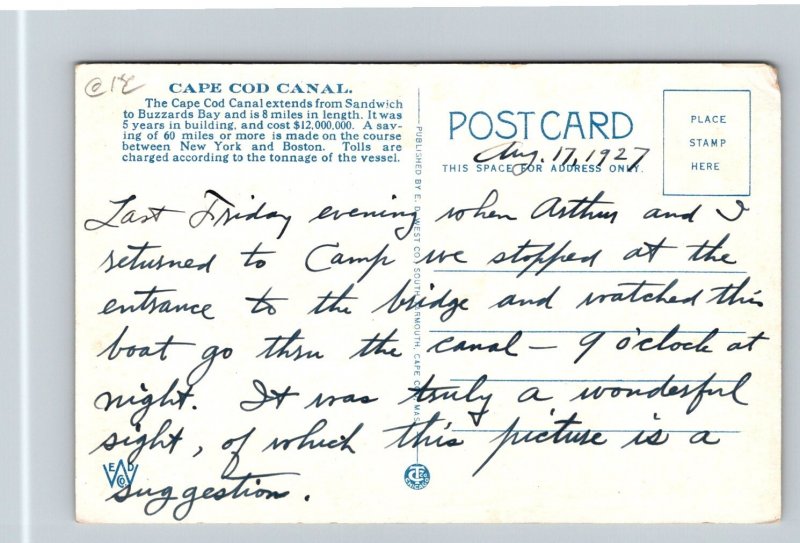 1927  Steamer at Night  Cape Cod  Canal   Massachusetts   Postcard